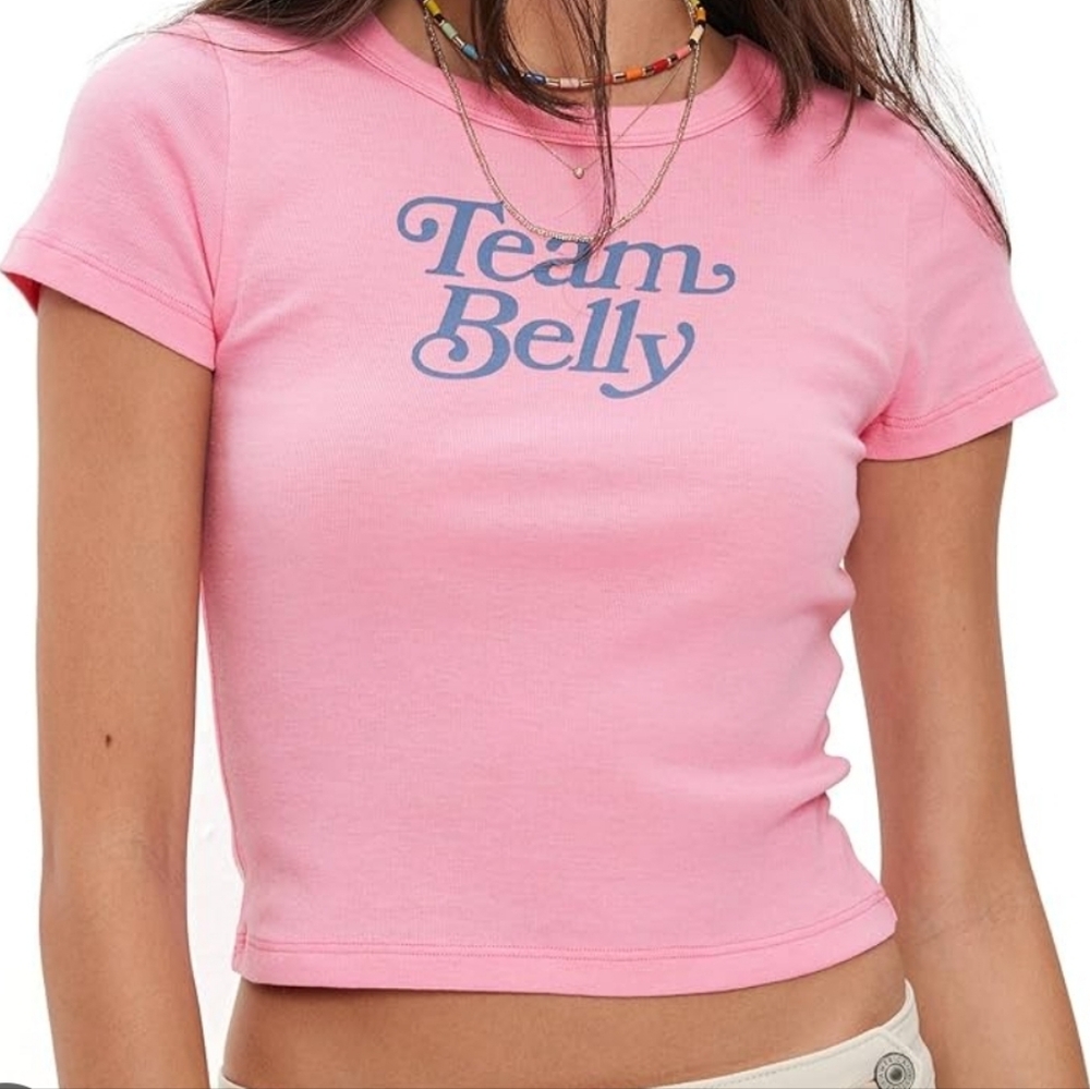 American Eagle The Summer I Turned Pretty Team Belly Crop Pink Baby Tee